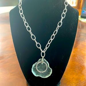 Soft baby blue HUGE pc of sea glass on pearly silver chain.
